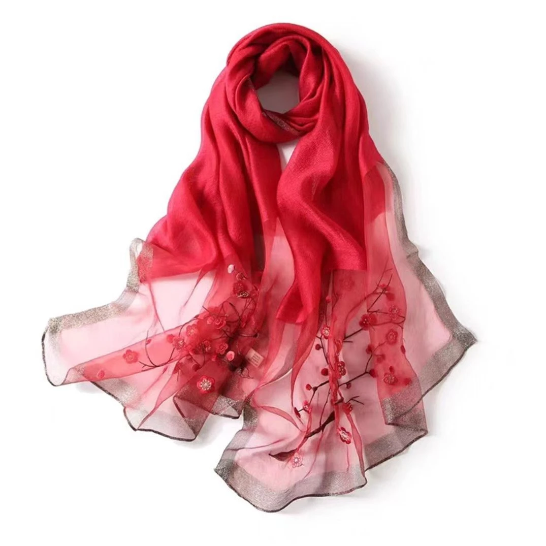 【梅花】高端桑蚕丝刺绣丝巾围巾洋气时尚旗袍连衣裙披肩四季款