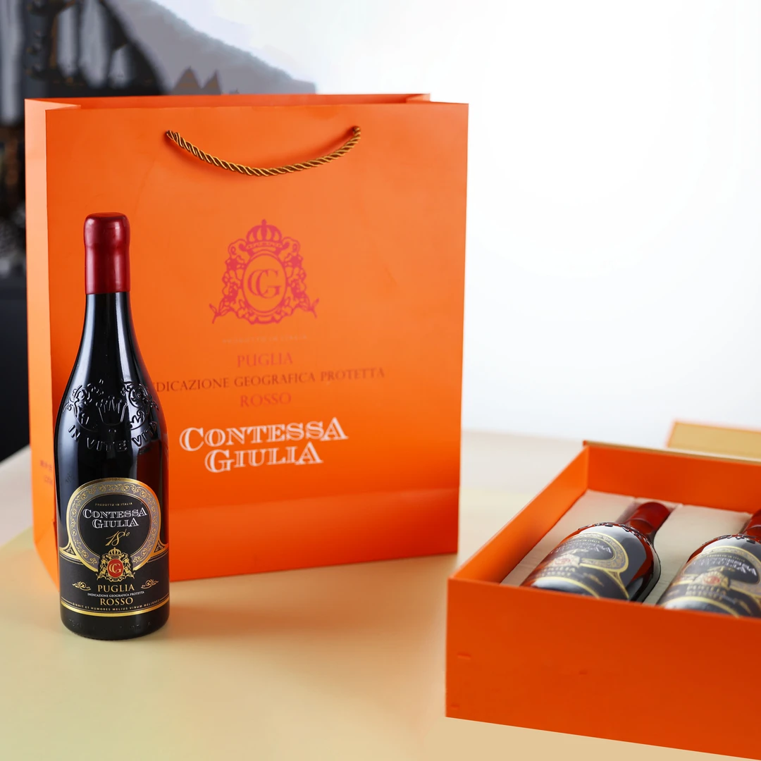 【爱马仕橙高档红酒礼盒】意大利普利亚原瓶进口红葡萄酒 半干型 普米蒂沃+黑曼罗 18°  三支礼盒装