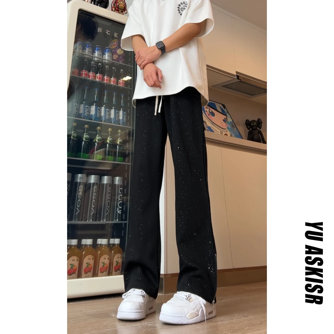 美式亮片新款休闲卫裤拉链设计男女百搭显瘦垂感直筒宽松休闲裤