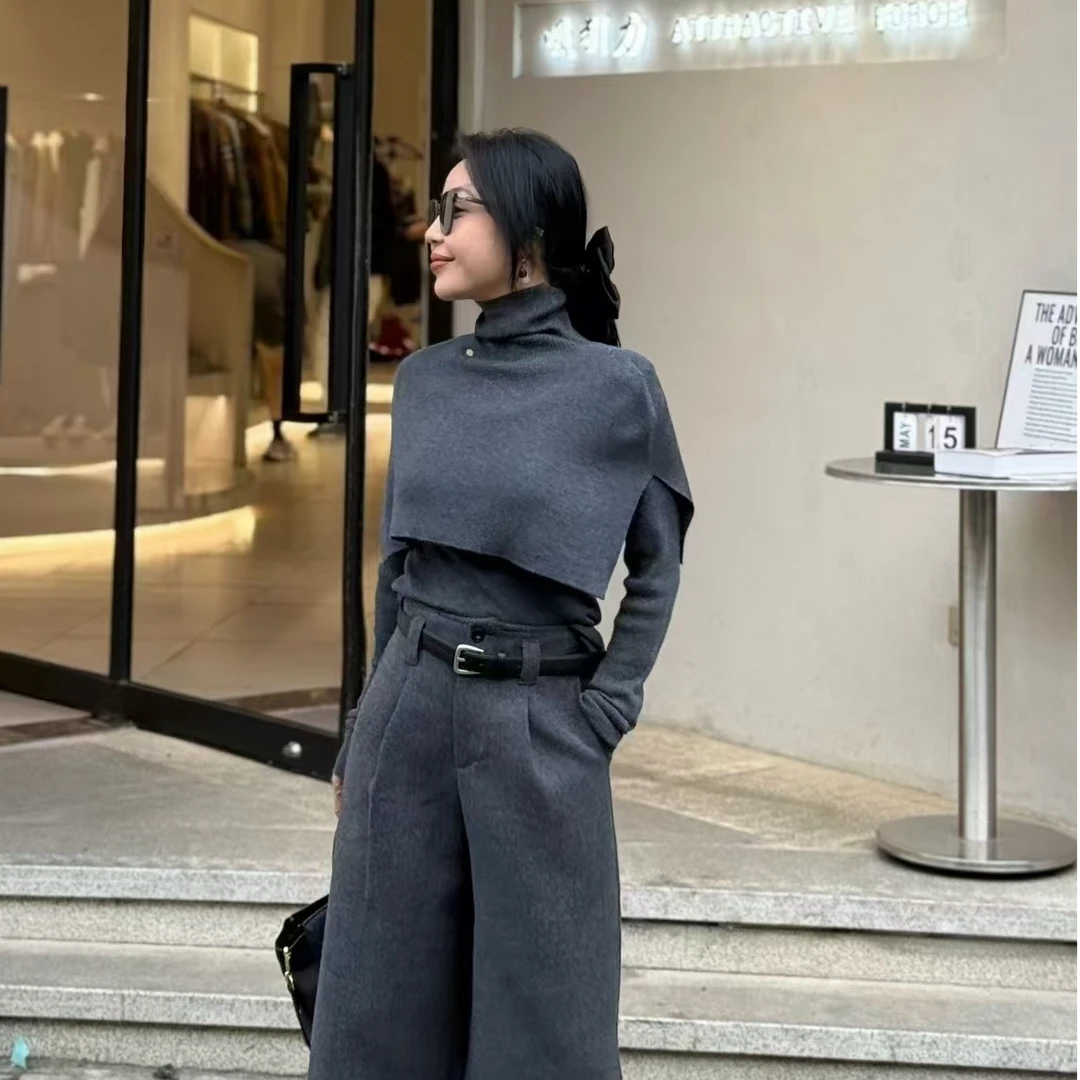 秋冬季新款披肩长袖打底衫女士冬季羊毛羊绒简约上衣气质显瘦休闲