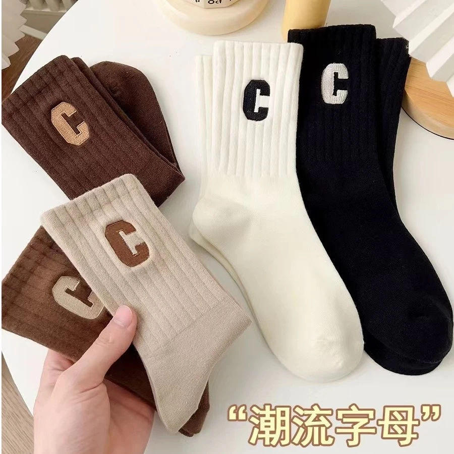 秋冬复古袜子字母C运动袜女厚款中筒袜in情侣潮袜百搭网红
