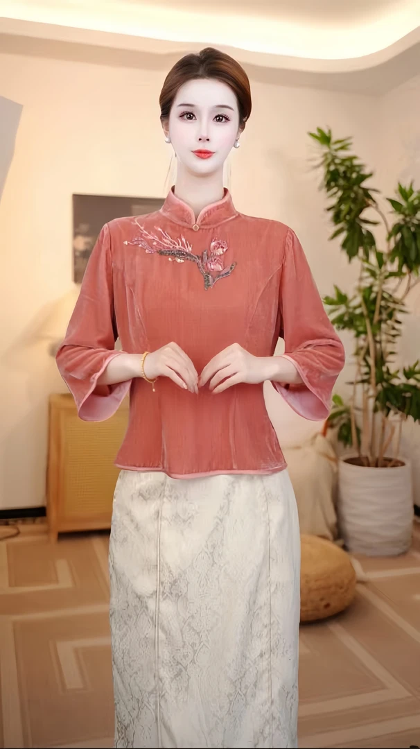 仫赐新中式国风气质小立领丝绒绣花长袖上衣LYFSY1088