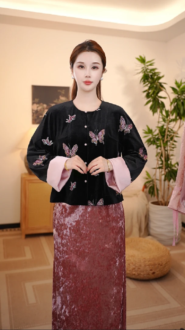 仫赐中国风复古短款民族风时尚中式提花长袖秋冬女士外套F9608