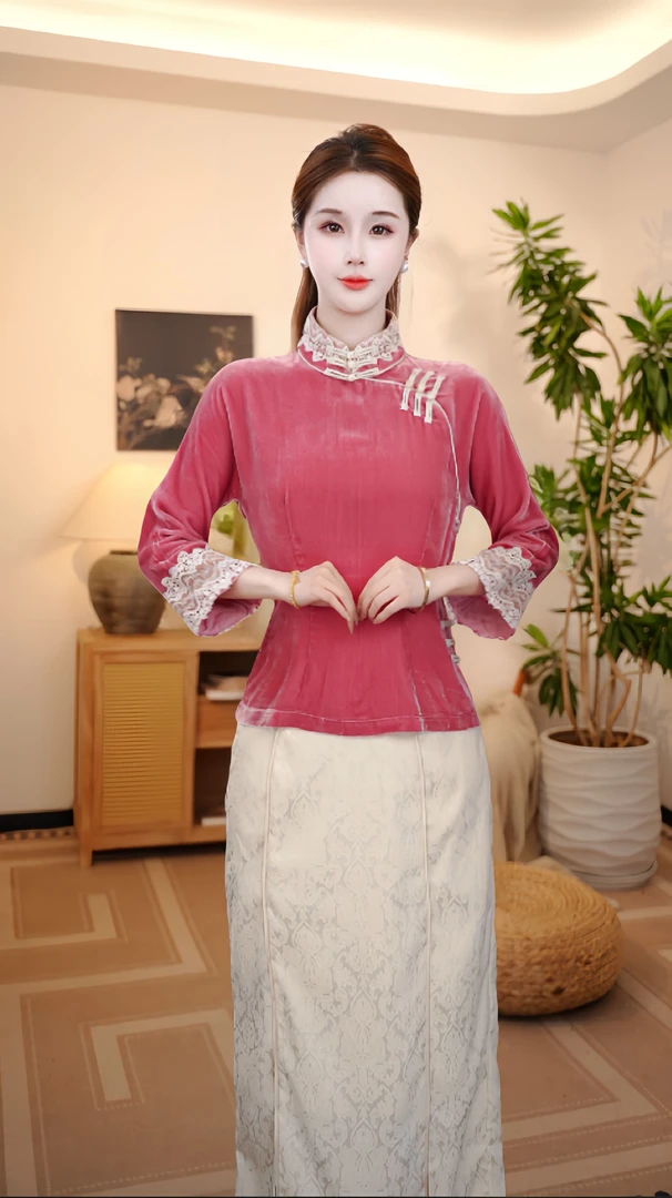 【姑苏】100%桑蚕丝新中式国风改良蕾丝秋丝绒盘扣衬衫女LYFSY0932