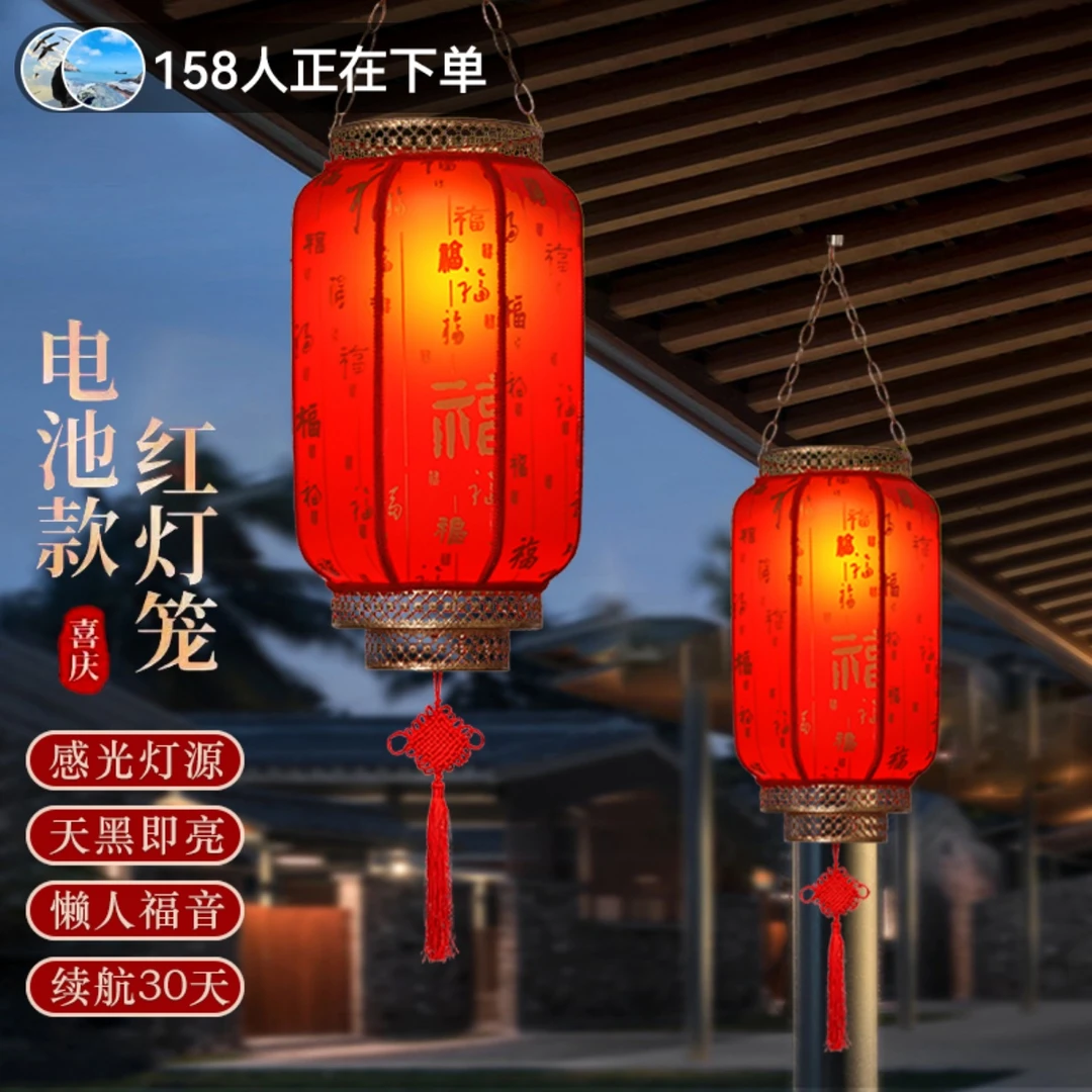 2025新款大红灯笼羊皮吊灯免插电过新年户外大门口阳台一对挂饰