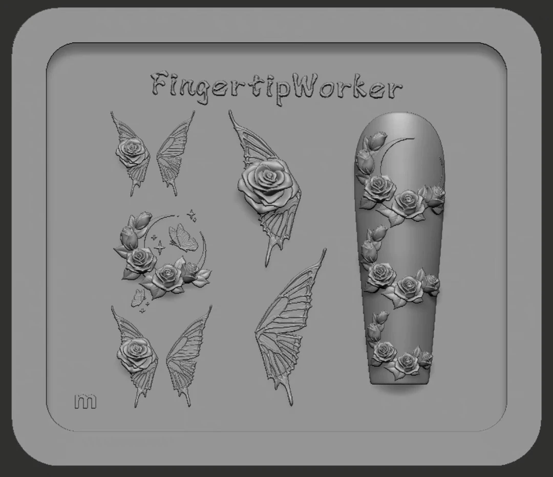 FingertipWorker｜原创精致设计小众月亮玫瑰、玫瑰蝴蝶美甲模具