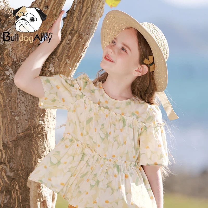 CF942527女童碎花衬衫2024夏季新款洋气儿童木耳边短袖圆领上衣