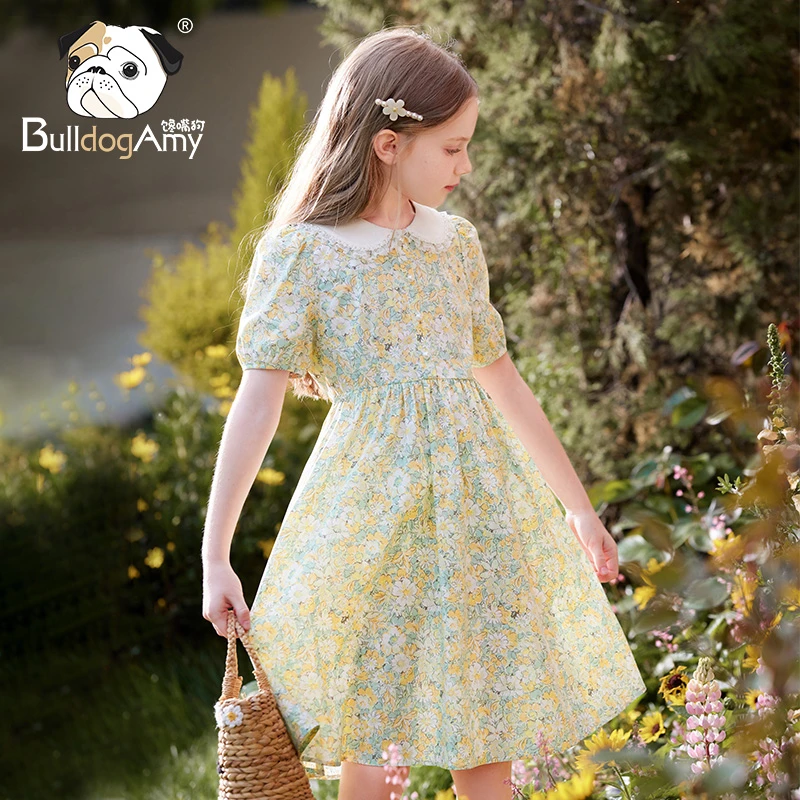 女童纯棉连衣裙2025夏娃娃领碎花公主裙泡泡袖时尚洋气裙子中大童