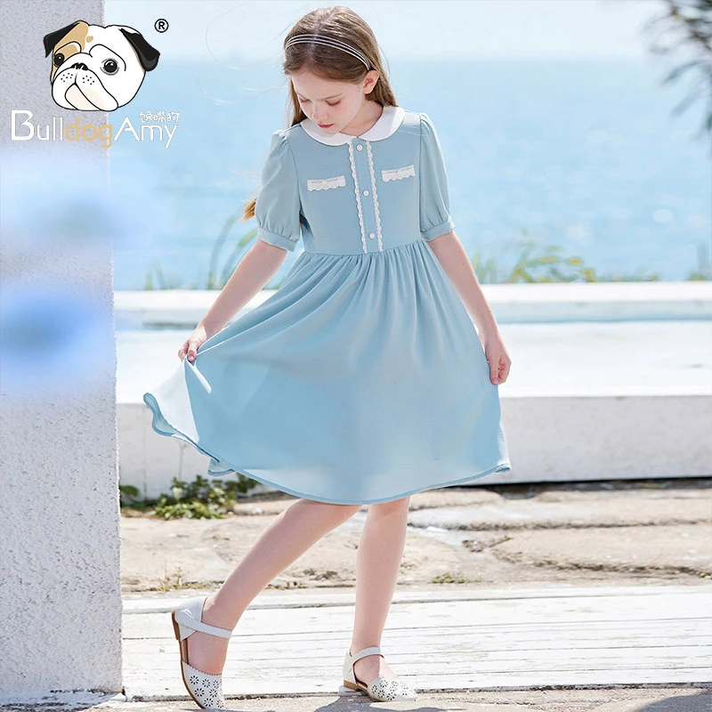 QF932227女童蓝色连衣裙2024夏装新款小香风洋气儿童娃娃领公主裙