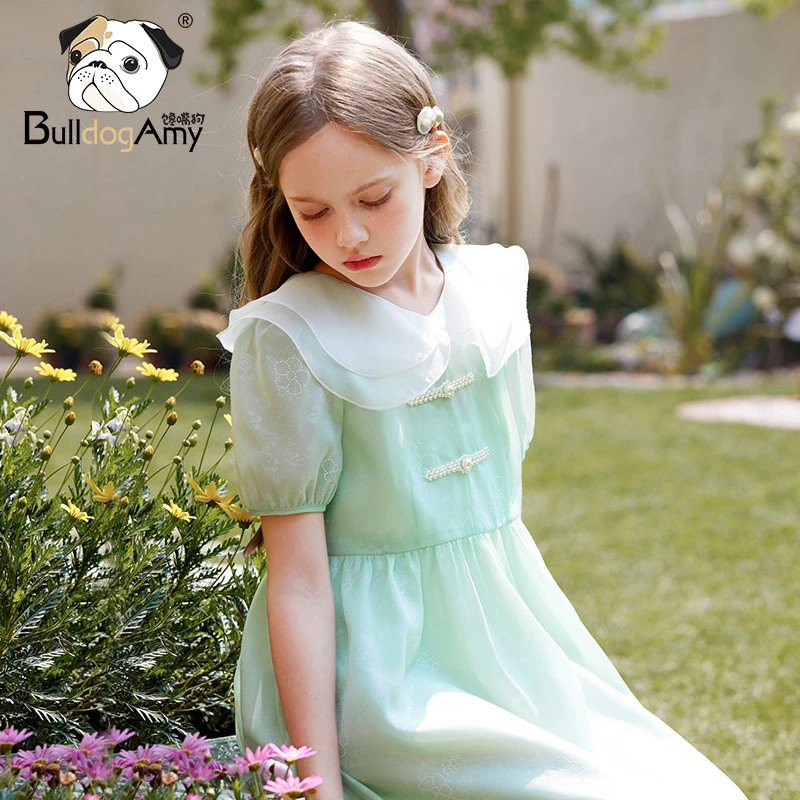 QF932646女童连衣裙2023夏季新款洋气儿童公主裙清新花纹网纱裙子