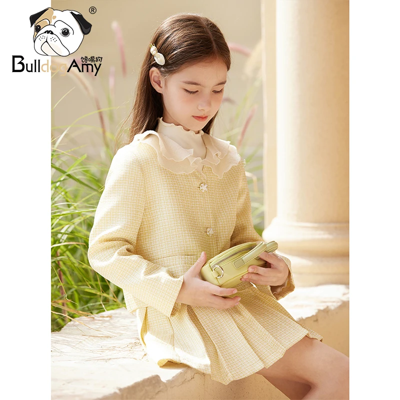 TF931202女童双层花瓣领小香风套装新款金丝外套格纹百褶裙两件套