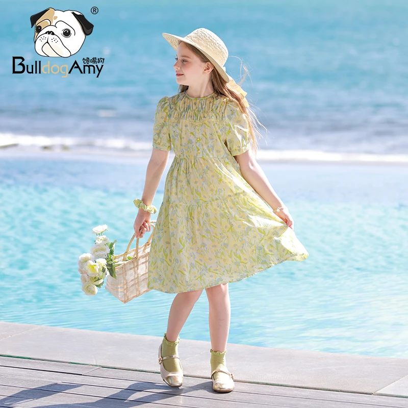 QF942206女童纯棉连衣裙2024夏装新款洋气儿童泡泡袖碎花公主裙