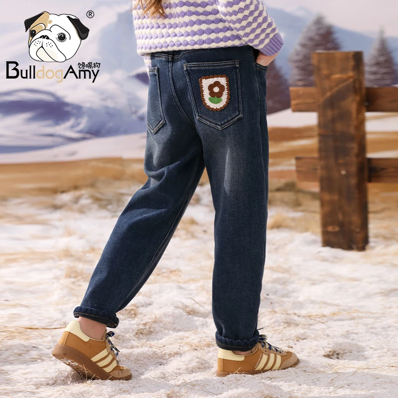 KF934088女童加绒加厚牛仔裤蓝2024冬季新款中大童装保暖长裤