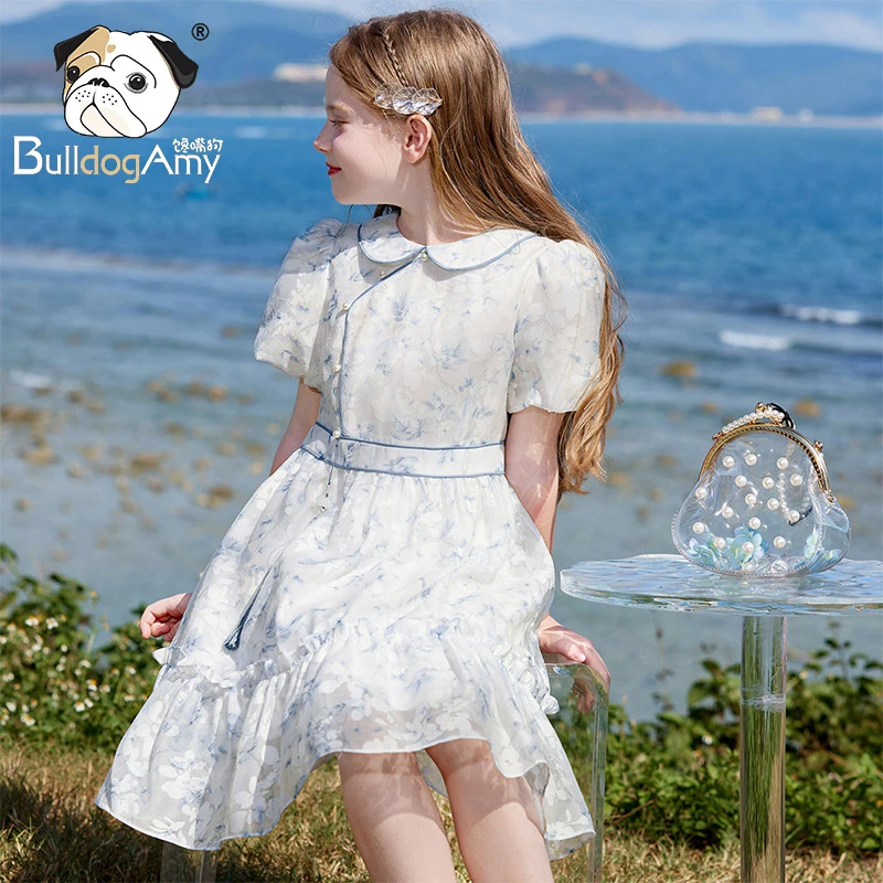 【现货】QF932204女童中国风连衣裙2023复古洋气水墨碎花公主裙