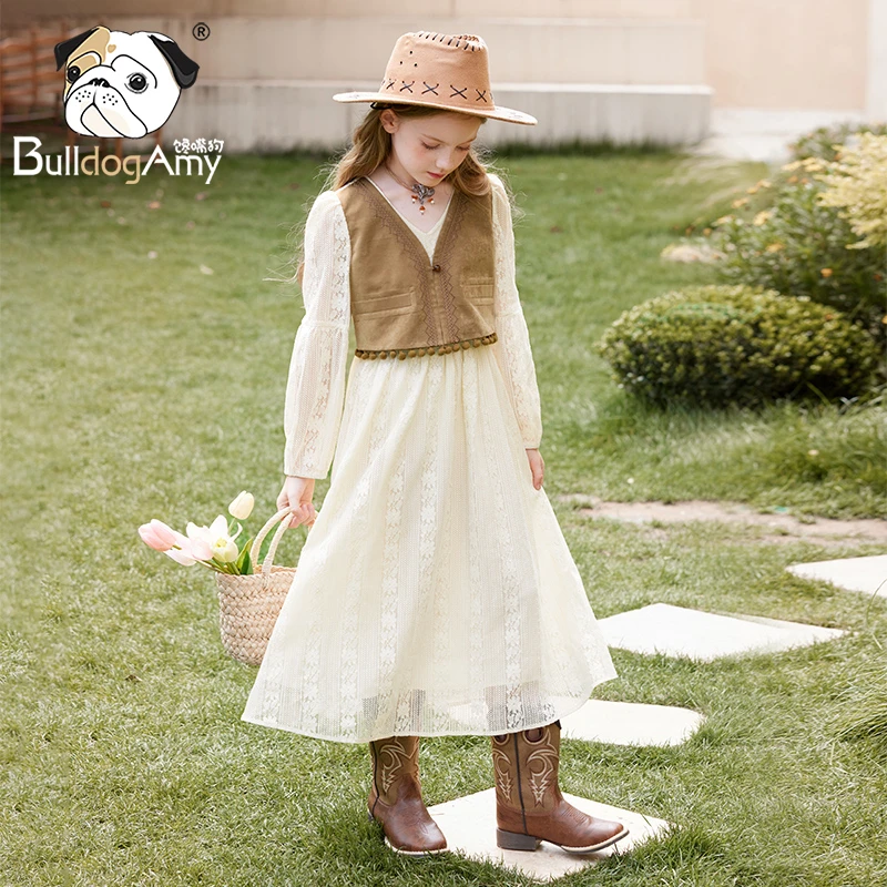 QF933028女童连衣裙假两件2025春装新款儿童度假蕾丝白色公主裙