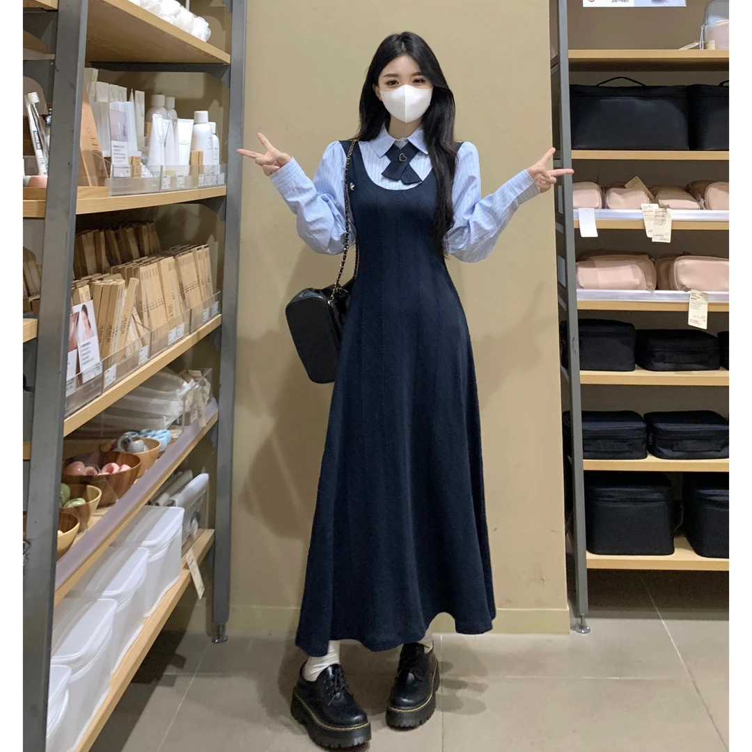 88大码秋冬甜美气质收腰假两件连衣裙针织打底裙女