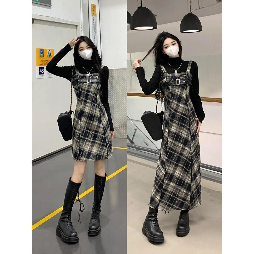 大码女装格纹长短款吊带连衣裙冬季显瘦黑色内搭两件