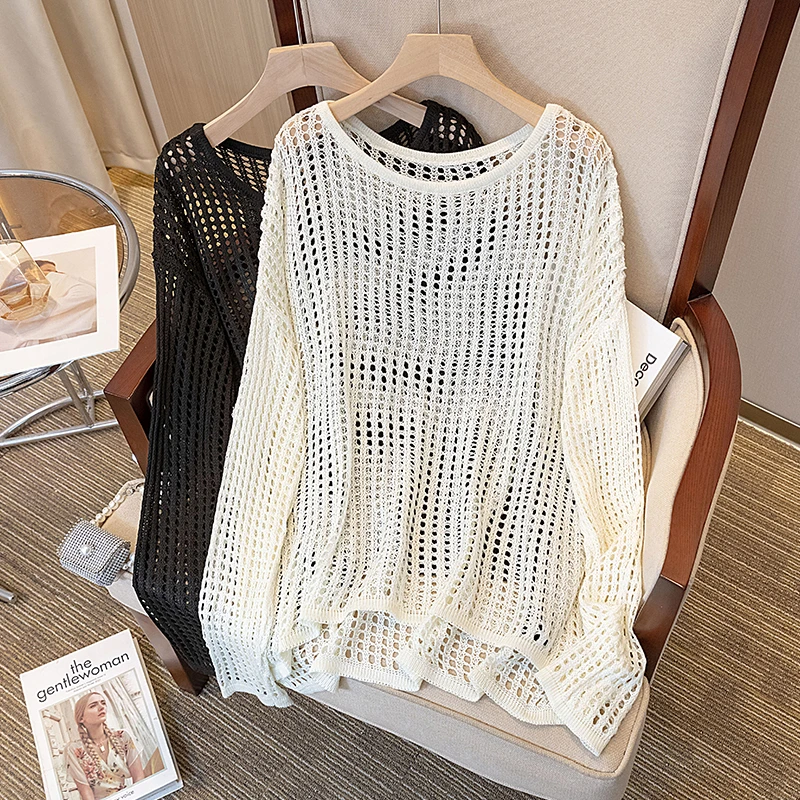 大码女装2025秋季新款法式外搭宽松镂空长袖薄款针织罩衫