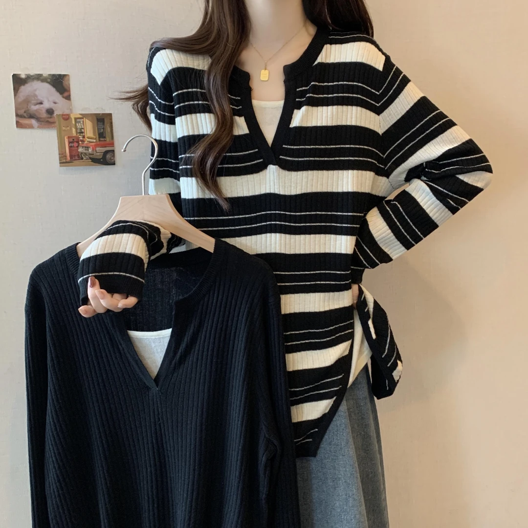 88大码胖mm假两件拼接针织衫女宽松休闲设计感秋季新款毛衣小众百