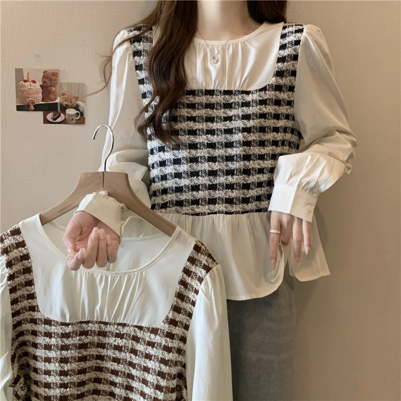 大码秋季洋气小衫法式假两件短袖衬衫女设计感甜美别致小众长袖