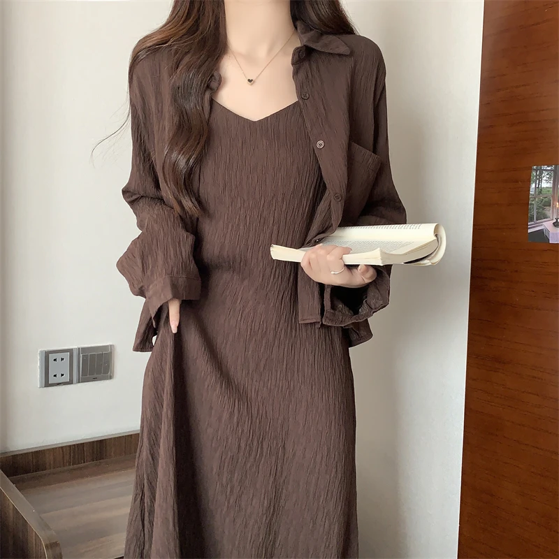 8888褶皱衬衫吊带裙两件套宽松大码显瘦初秋套装潮法式长袖时尚气