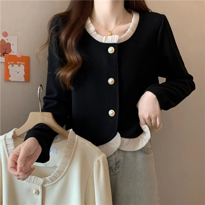 大码开衫女秋季新款遮肚子显瘦荷叶边拼接针织衫洋气百搭小众撞色