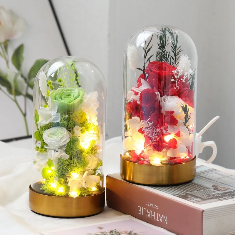 永生花玫瑰花玻璃罩摆件礼盒金色底座送女友表白情人节圣诞节礼物