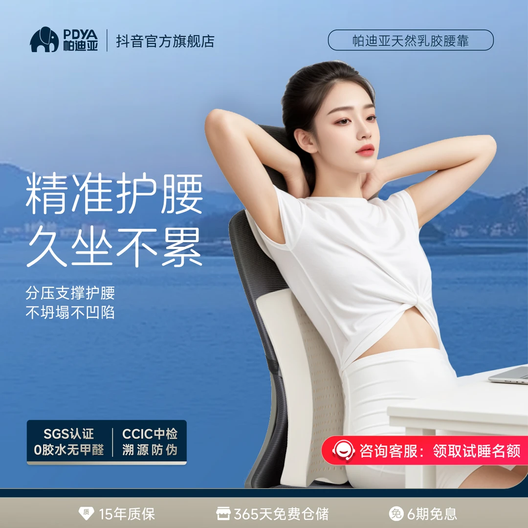 泰国帕迪亚天然乳胶靠垫办公室久坐护腰神器孕妇背垫汽车椅子腰垫