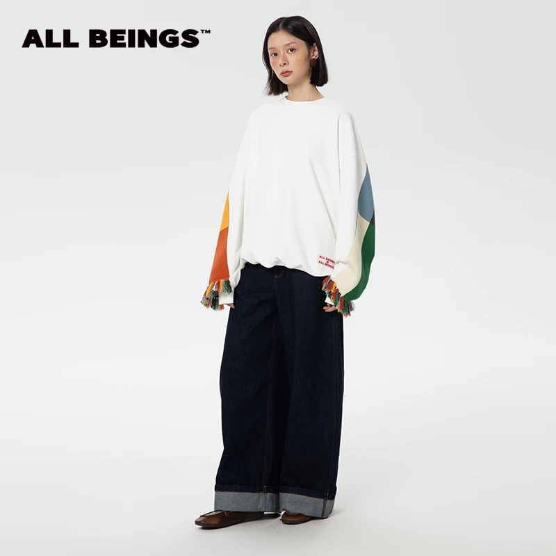 ALL BEINGS24AW新款上新大廓形流苏围巾拼接圆领卫衣