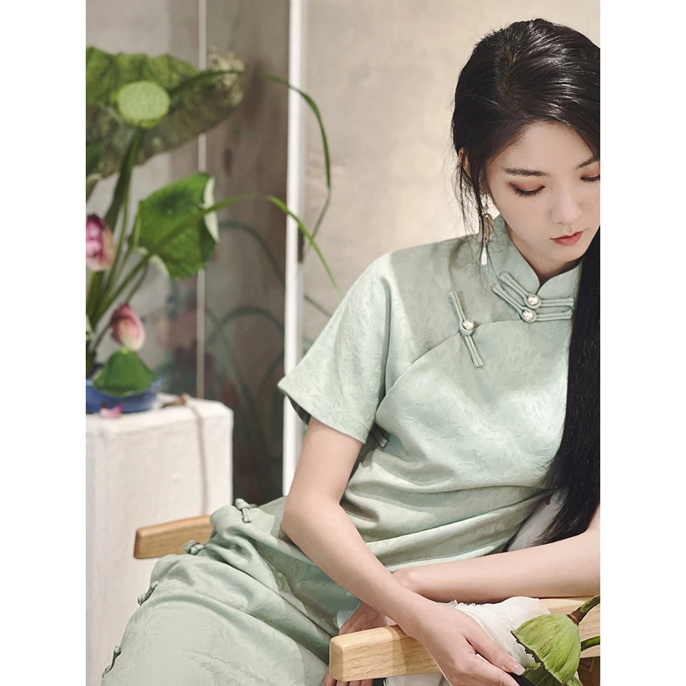 绿色全开襟素雅旗袍古法新中式日常无省复古民国风少女年轻款夏季