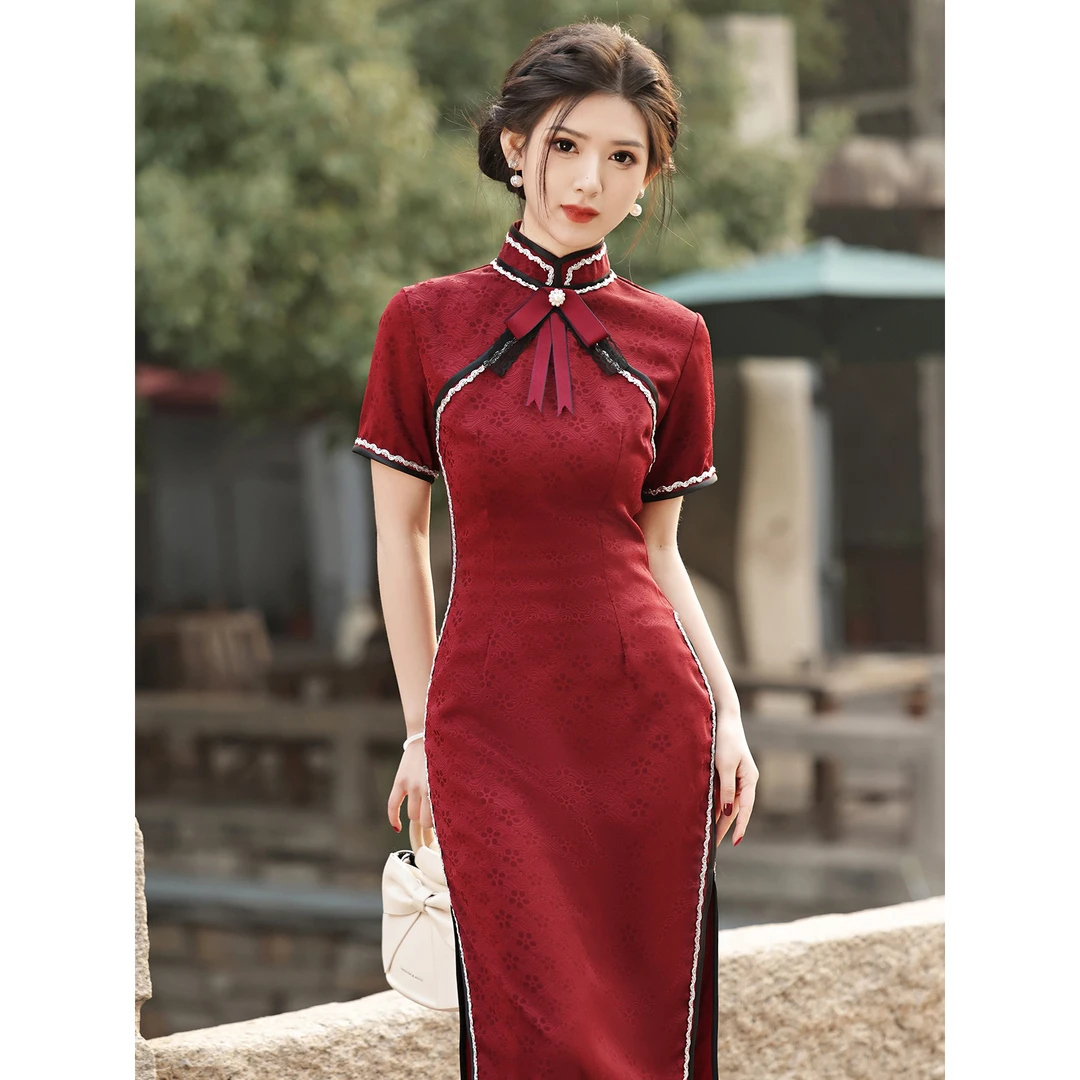 年轻款酒红琉璃缎长款旗袍2024年春夏新款气质优雅淑女范日常可穿
