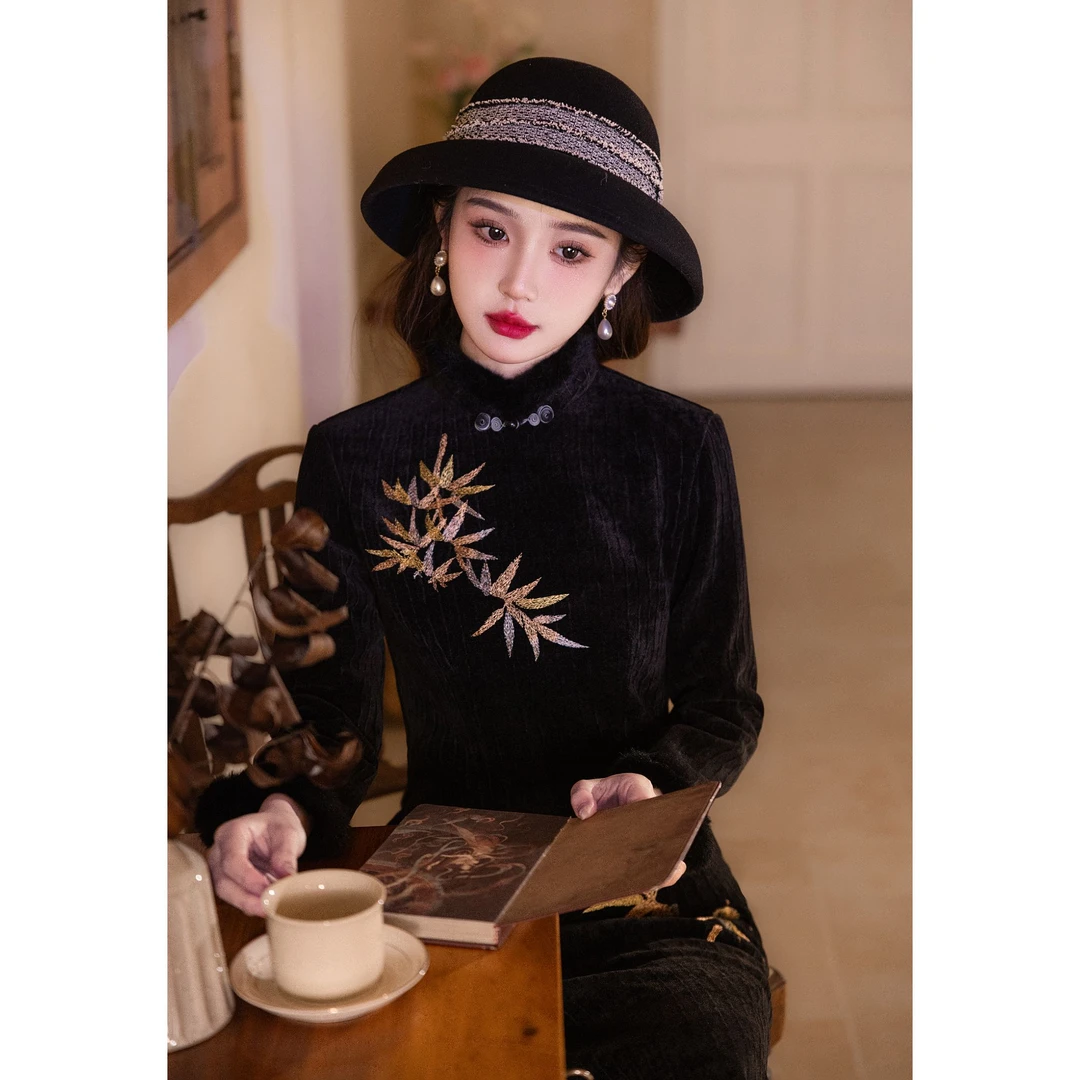 【金竹】黑色复古气质显瘦旗袍2025年冬新款加绒保暖新中式日常可穿