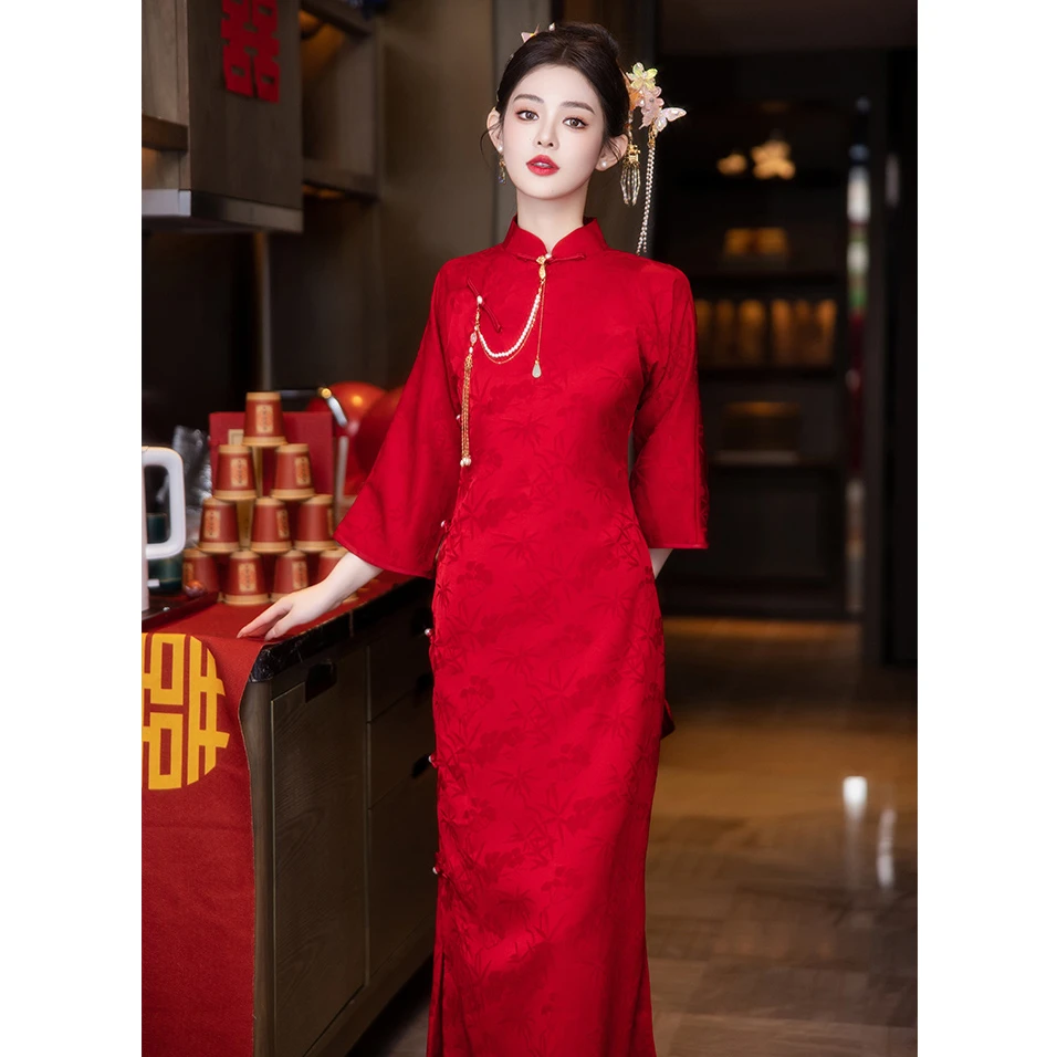 新中式旗袍2025新款秋冬季长袖红色结婚便装订婚礼服女敬酒服新娘