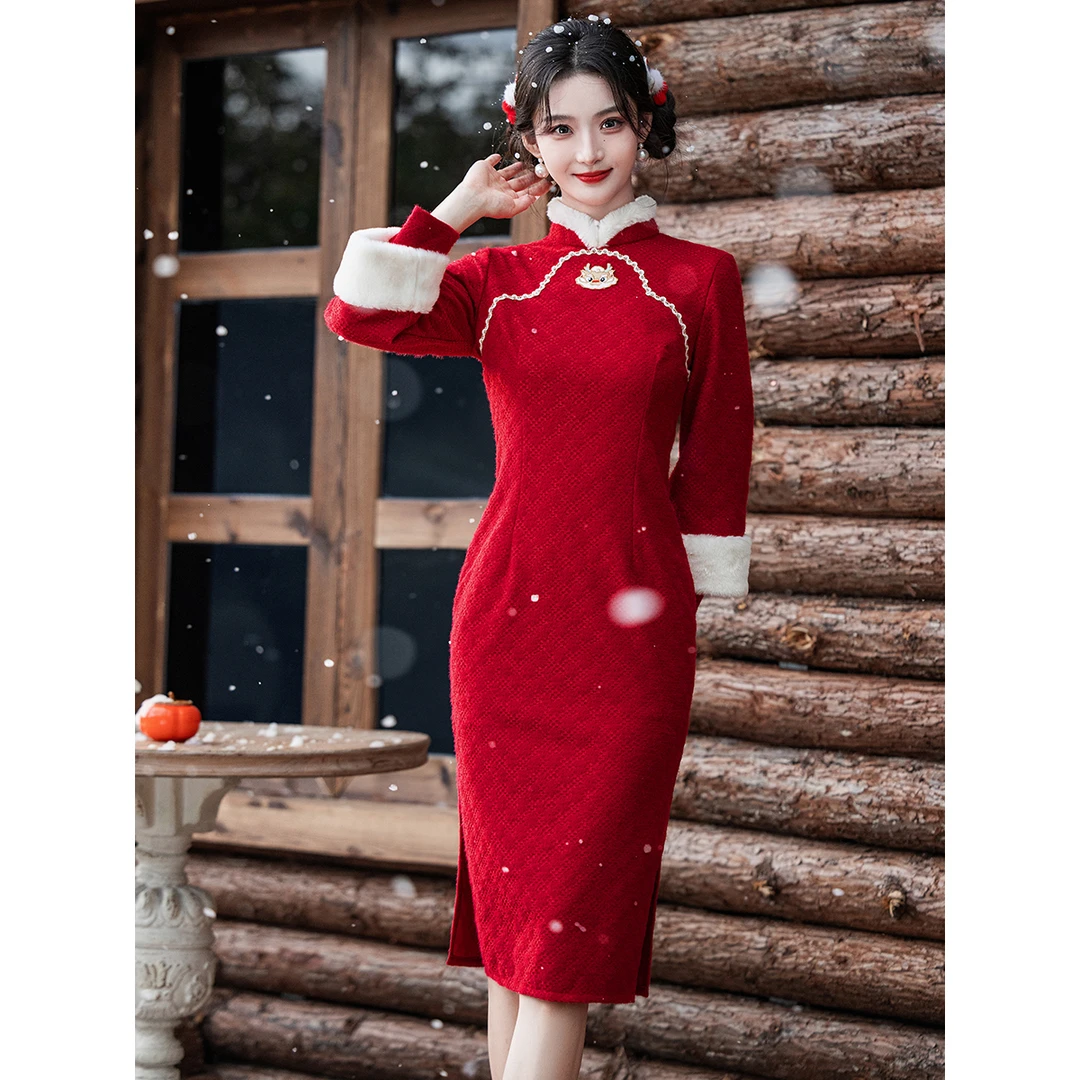 新款2024红色旗袍冬季加绒加厚过年拜年服新年唐装新中式新娘回门
