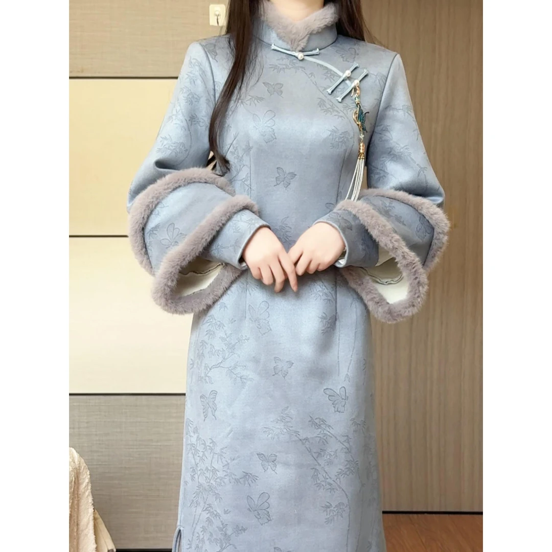新中式蓝色加绒加厚旗袍2025新款冬季民国风保暖毛绒领少女年轻款