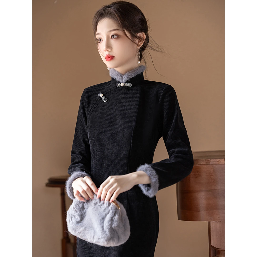 高端黑色旗袍2025年秋冬新款改良年轻少女复古国风长袖加厚连衣裙