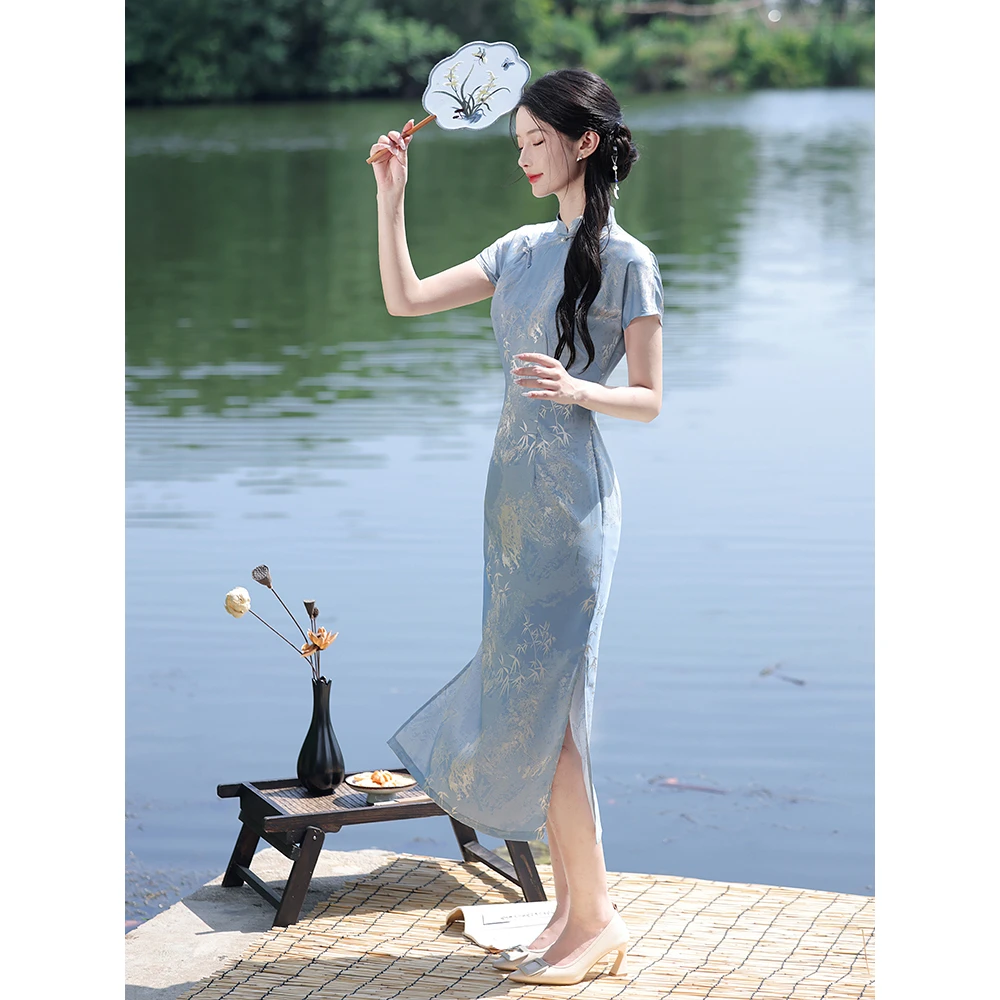 绝美改良国风旗袍夏季2025新款少女夏年轻款蓝色连衣裙新中式优雅