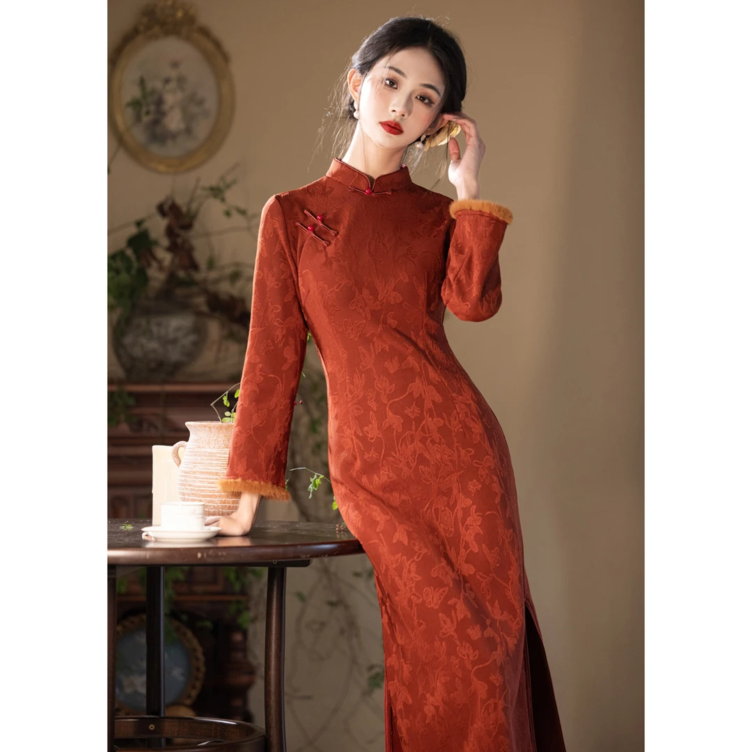 新中式红色提花旗袍2025冬季敬酒服订婚拜年服新年战袍女秋冬加绒