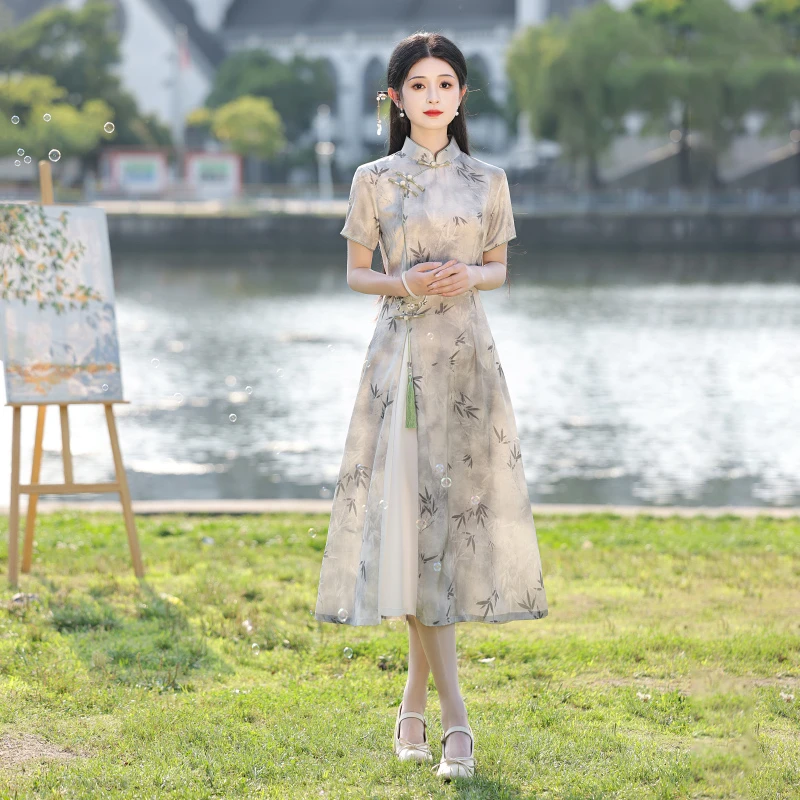 奥黛旗袍2025新款夏季改良年轻款少女茶服新中式日常可穿修身显瘦