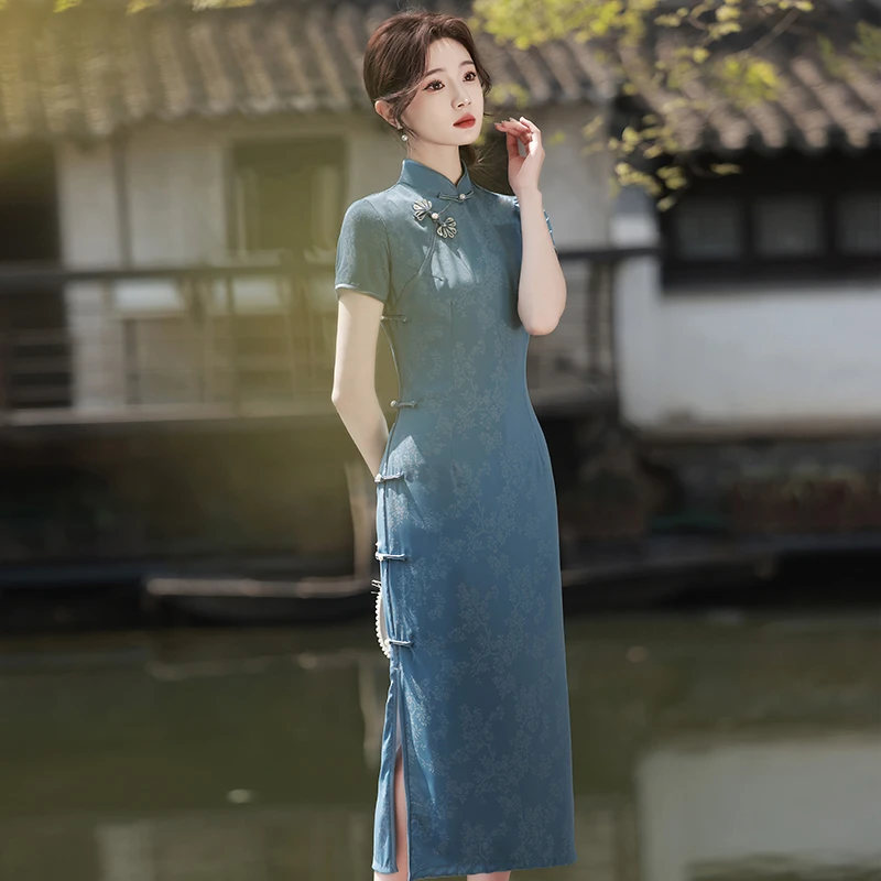 蓝色文艺新中式改良旗袍2024新款复古民国风年轻款少女显瘦连衣裙