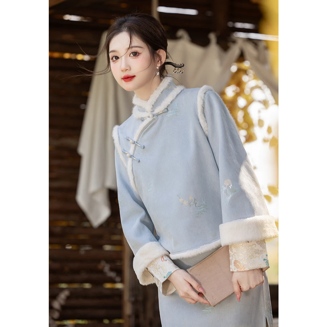 新中式蓝色套装旗袍2025年冬季新款加绒加厚长袖年轻款改良连衣裙