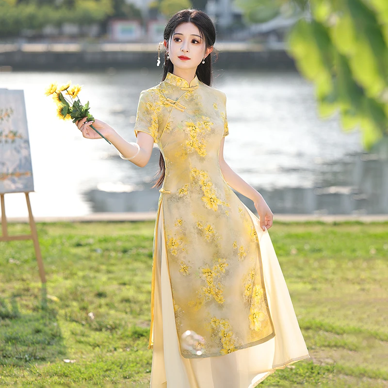 黄色奥黛旗袍2025新款夏季年轻款气质高端改良少女日常可穿小清新
