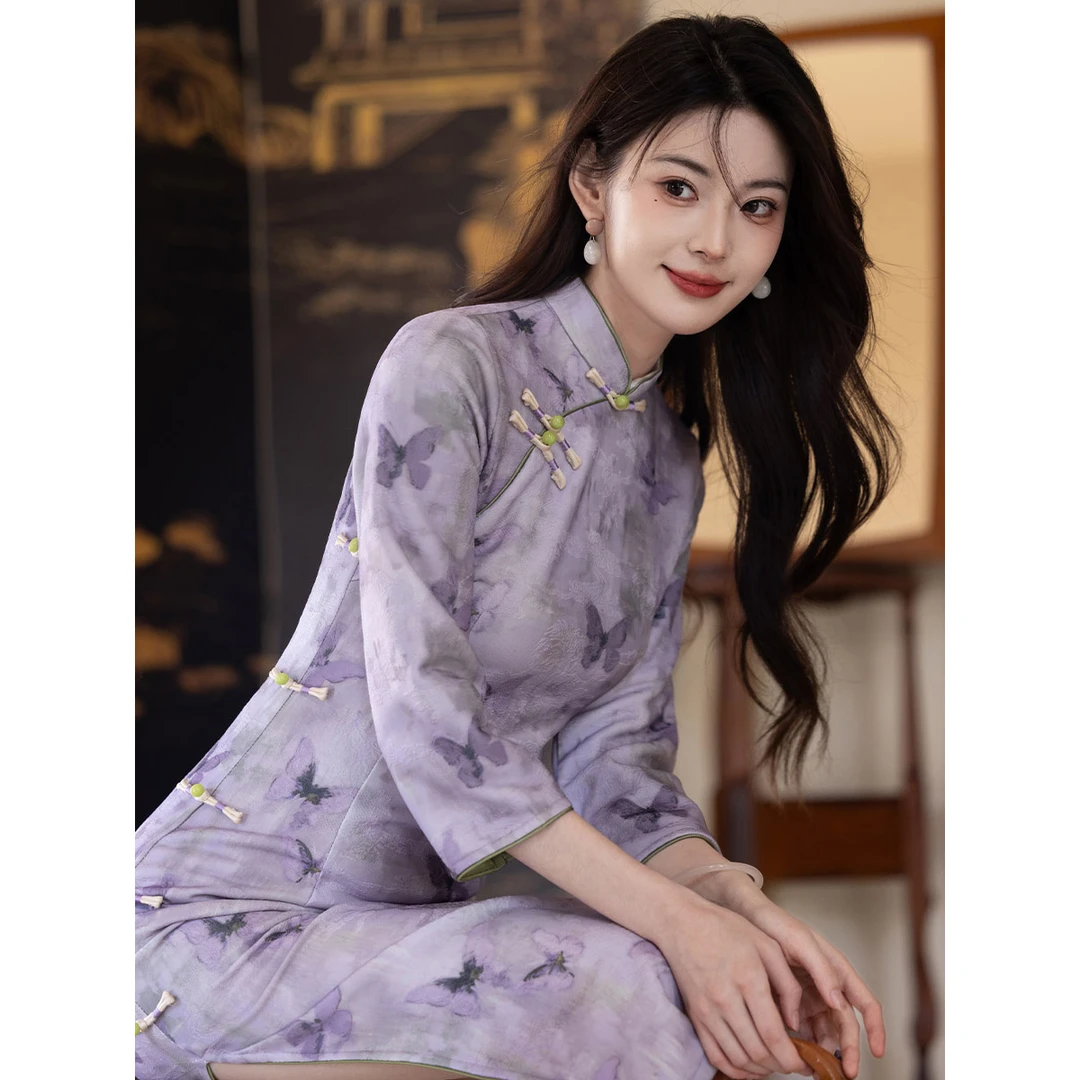紫色旗袍女2025新款秋装秋冬季长袖改良新中式年轻款少女高端修身