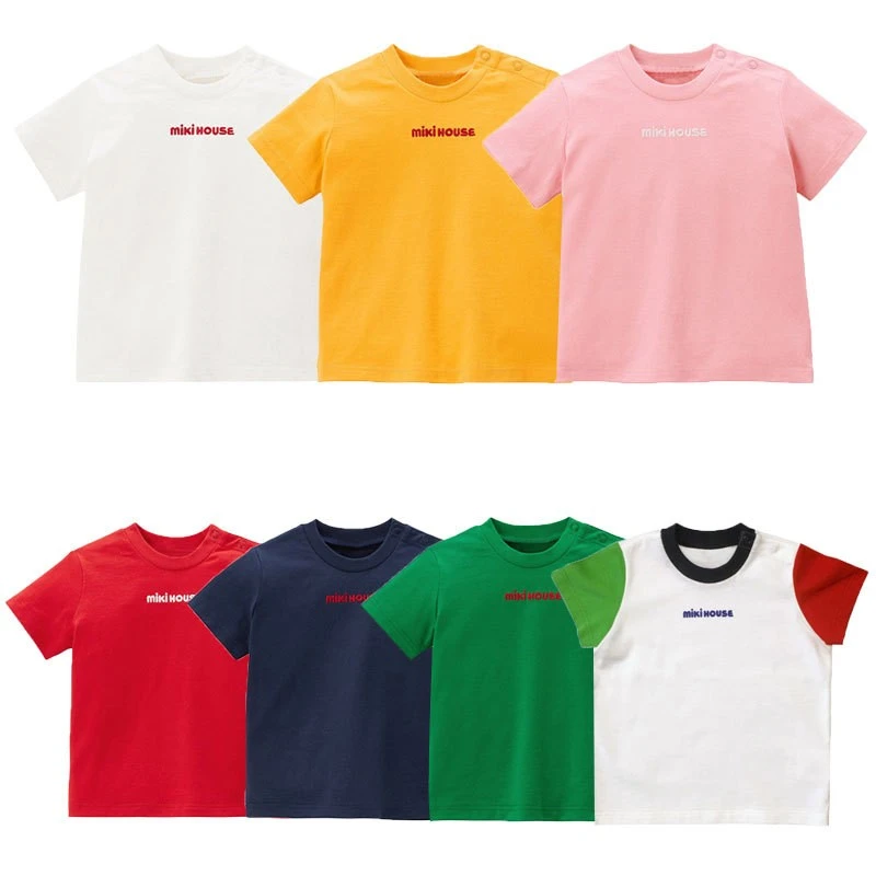 miki童装夏季新款短袖T男女儿童纯色简约字母logo刺绣半袖打底衫