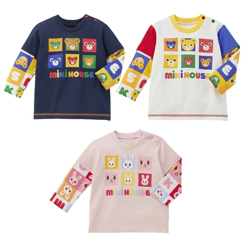 miki童装秋新款长袖T恤男女儿童卡通彩色熊消消乐假两件长袖体恤