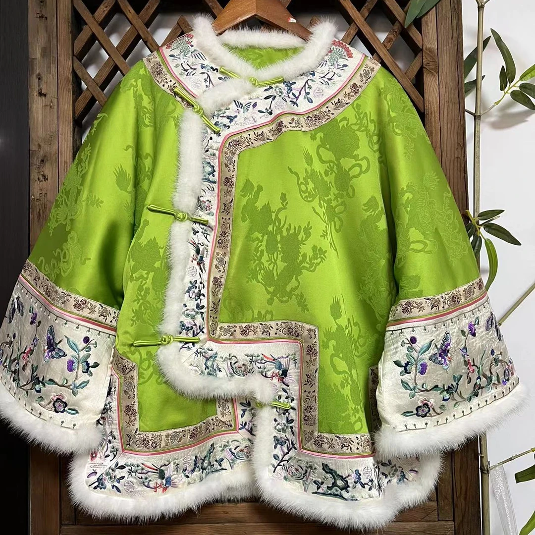 瑜玥传琦原创新款冬季中国风圆领重工刺绣加厚外套夹棉水貂毛上衣