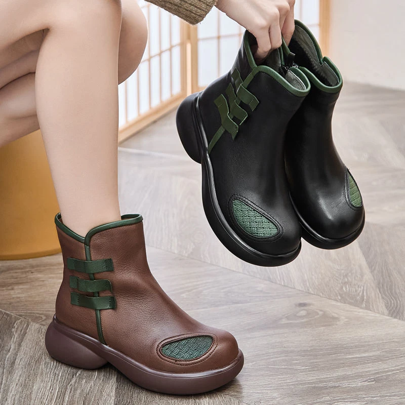 新国风松糕马丁靴女款冬季加绒保暖短筒妈妈鞋真皮全牛皮小短靴子