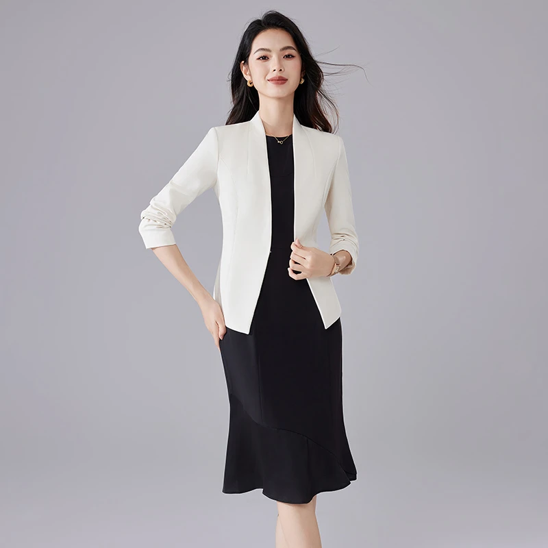 时尚白色长袖西装外套连衣裙女2024秋季高级感职业通勤女装两件套