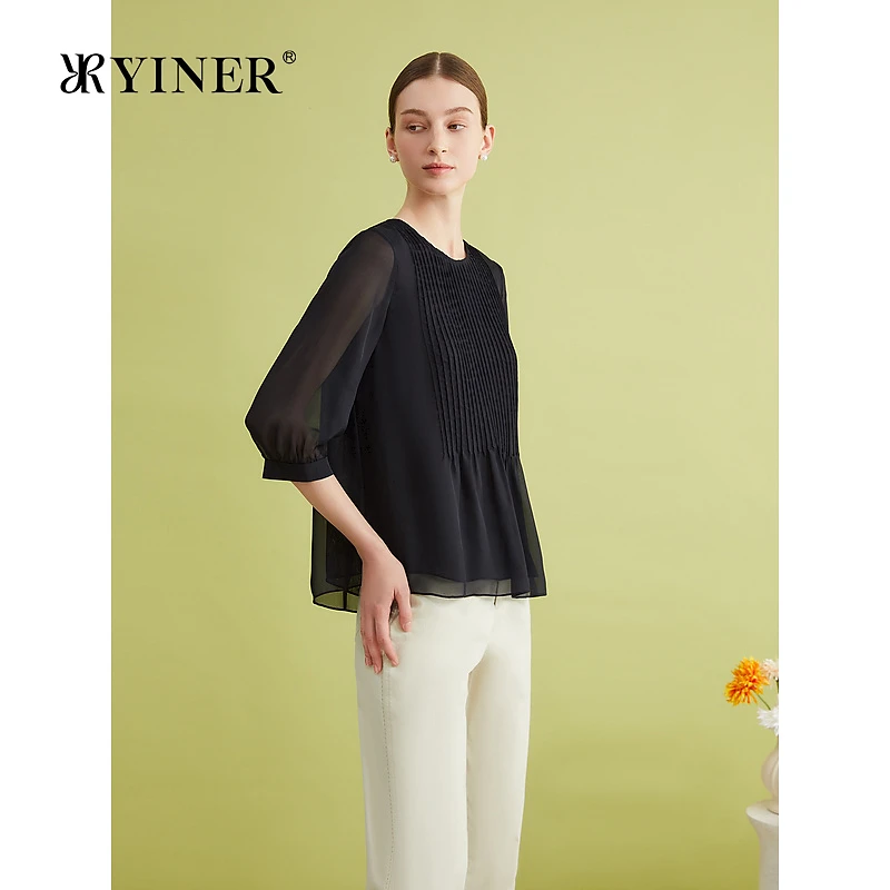 【真丝系列】YINER音儿专选女装夏季法式风琴皱100桑蚕丝衬衫上衣
