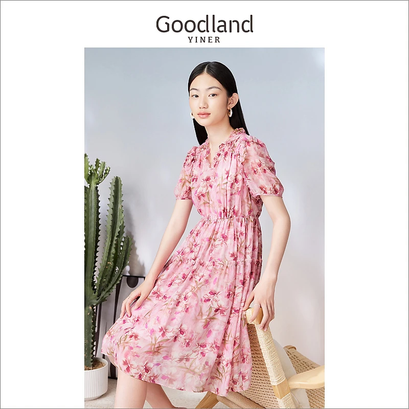 [真丝系列]Goodland美地女装夏季桑蚕丝木耳边收褶连衣裙